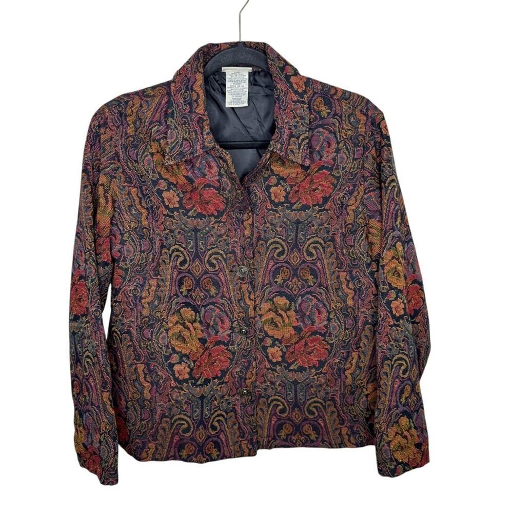 WHITE STAG / vintage orange pink red black floral boho tapestry jacket / S